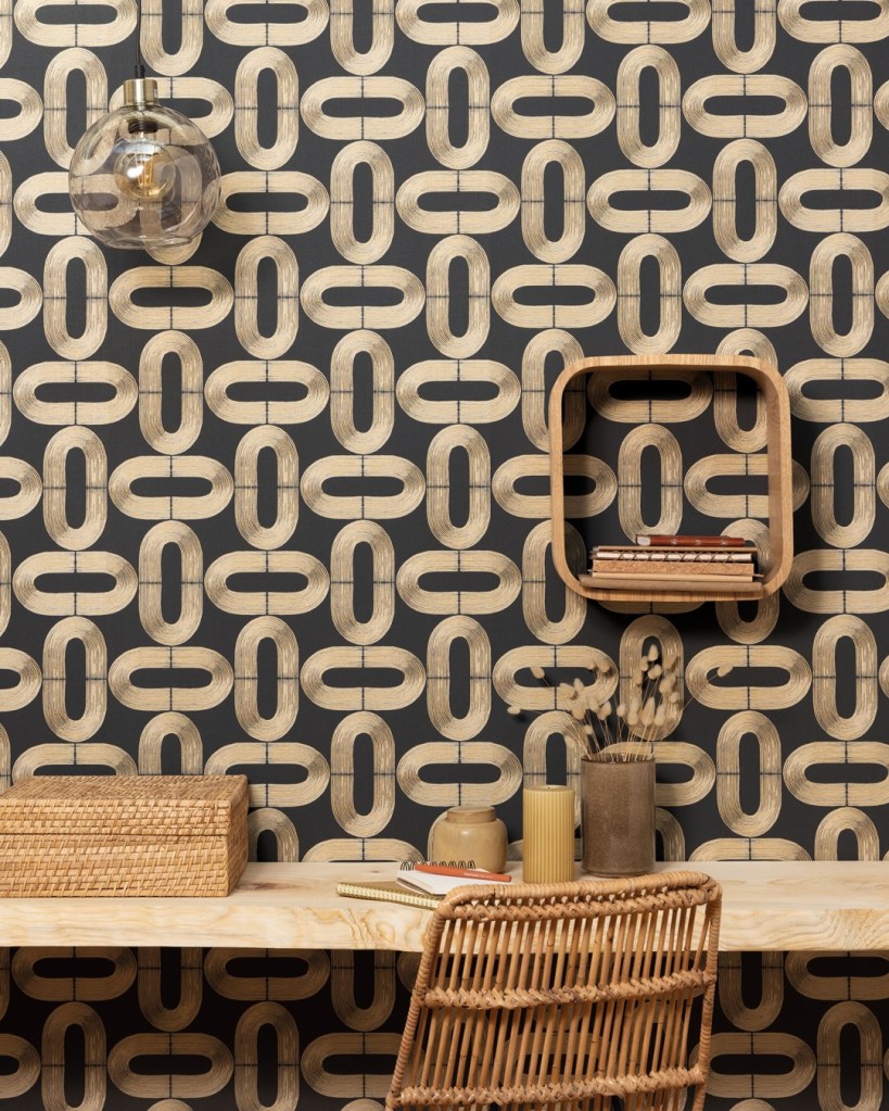 Studio arredato con carta da parati geometrica a cerchi ovali Moon Light II