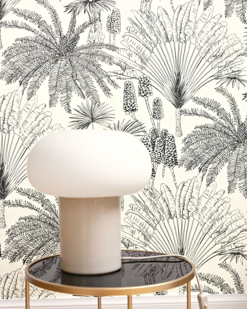 Carta da parati con motivi di palme in bianco e nero Moon Light II